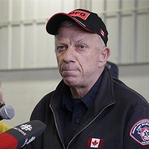 Fort McMurray, Alberta, fire chief Darby Allen speaks to members of the media at a fire station in Fort McMurray, Monday, May 9, 2016. A break in the weather has officials optimistic they have reached a turning point on getting a handle on the massive wildfire. Rachel La Corte/AP