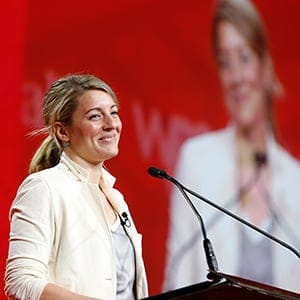 Melanie Joly speaks at the 2016 Liberal Biennial Convention Winnipeg Friday, May 27, 2016. (Photograph by John Woods)