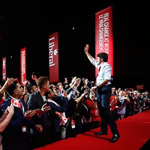 Prime Minister Justin Trudeau greets delegates at the 2016 Liberal Biennial Convention Winnipeg Saturday, May 28, 2016. Macleans/John Woods