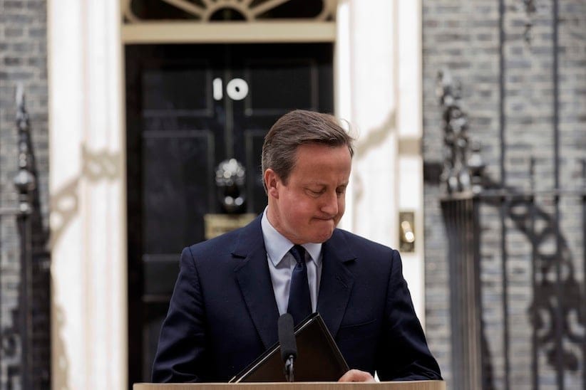 British Prime Minister David Cameron turns to walk away as he finishes making a statement appealing for people to vote to remain in the European Union outside 10 Downing Street in London, Tuesday, June 21, 2016. Britain votes whether to stay in the EU in a referendum on Thursday. (AP Photo/Matt Dunham)