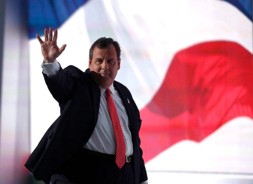 New Jersey Gov. Chris Christie waves to the crowd after speaking on the second day of the Republican National Convention in Cleveland, Tuesday, July 19, 2016. (AP Photo/Paul Sancya)