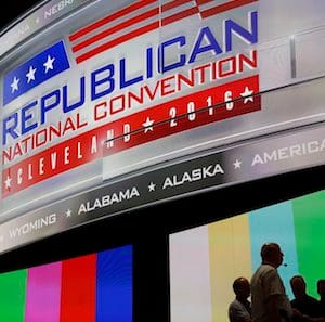People gather onstage as preparations take place inside Quicken Loans Arena for the Republican National Convention in Cleveland, Ohio, Saturday, July 16, 2016. A year ago, few imagined Donald Trump as a headliner at the Republican National Convention, let alone as its star. (AP Photo/Patrick Semansky)