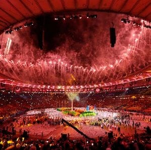 Pyrotechnics explode during the closing ceremony for the Summer Olympic inside Maracana stadium in Rio de Janeiro, Brazil, Sunday, Aug. 21, 2016. (AP Photo/Vincent Thian)