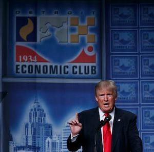 Republican presidential candidate Donald Trump delivers an economic policy speech to the Detroit Economic Club, Monday, Aug. 8, 2016, in Detroit. (AP Photo/Evan Vucci)