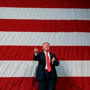 Republican presidential candidate Donald Trump arrives for a campaign rally at Crown Arena, Tuesday, Aug. 9, 2016, in Fayetteville, N.C. (AP Photo/Evan Vucci)