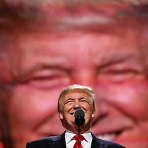Republican presidential candidate Donald Trump delivers a speech during the evening session on the fourth day of the Republican National Convention on July 21, 2016 at the Quicken Loans Arena in Cleveland, Ohio. Republican presidential candidate Donald Trump received the number of votes needed to secure the party's nomination. An estimated 50,000 people are expected in Cleveland, including hundreds of protesters and members of the media. The four-day Republican National Convention kicked off on July 18. (John Moore/Getty Images)