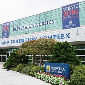 The outside of Hofstra University's David & Mack Sport and Exhibition Complex, the location of the first presidential debate, is seen at Hofstra University, in Hempsted, New York. (Paul J. Richards/AFP/Getty Images)