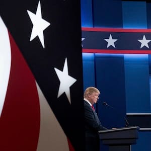 Republican presidential candidate Donald Trump takes the stage for the third presidential debate at University of Nevada in Las Vegas, Wednesday, Oct. 19, 2016, for the third presidential debate. (AP Photo/Andrew Harnik)