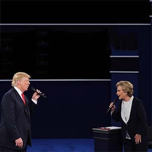 ST LOUIS, MO - OCTOBER 09: Democratic presidential nominee former Secretary of State Hillary Clinton (R) and Republican presidential nominee Donald Trump speak during the town hall debate at Washington University on October 9, 2016 in St Louis, Missouri. This is the second of three presidential debates scheduled prior to the November 8th election. (Chip Somodevilla/Getty Images)