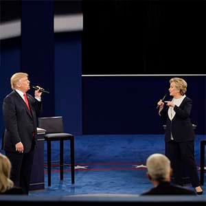 Republican presidential nominee Donald Trump and Democratic presidential nominee Hillary Clinton exchange views during the second presidential debate at Washington University in St. Louis, Sunday, Oct. 9, 2016. (Julio Cortez/AP)