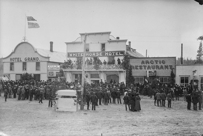 The Arctic Restaurant and Hotel, seen here on the right in a photo in Whitehorse, Yukon, ca. 1899 (Provincial Archives of Alberta)