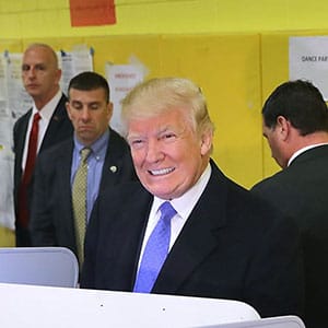 Republican presidential nominee Donald Trump and his wife Melania Trump cast their votes on Election Day at PS 59 November 8, 2016 in New York City. Trump's marathon final two days of campaigning marched through 10 cities in two days, stretching into Election Day. (Chip Somodevilla/Getty Images)