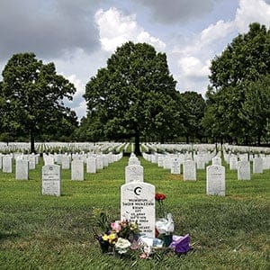The gravesite of Muslim-American, U.S. Army Capt. Humayun Khan is shown at Arlington National Cemetary August 1, 2016 in in Arlington, Virginia. Khan was killed during Operation Iraqi Freedom in 2004. Khan's mother and father, Ghazala and Khizr Khan, were criticized by Republican presidential candidate Donald Trump. (Mark Wilson/Getty Images)