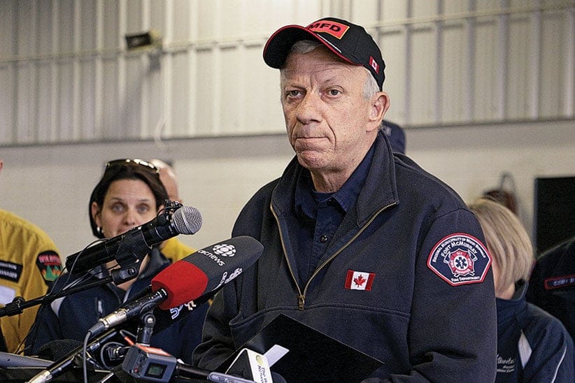 Fort McMurray, Alberta, fire chief Darby Allen speaks to members of the media at a fire station in Fort McMurray, Monday, May 9, 2016. A break in the weather has officials optimistic they have reached a turning point on getting a handle on the massive wildfire. Rachel La Corte/AP