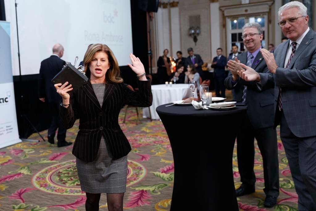 Hardest Working award winner Conservative Interim Leader Rona Ambrose celebrates during Parliamentarian of the Year Awards at the Fairmont Chateau Laurier in Ottawa November 15, 2016. Photograph by Blair Gable