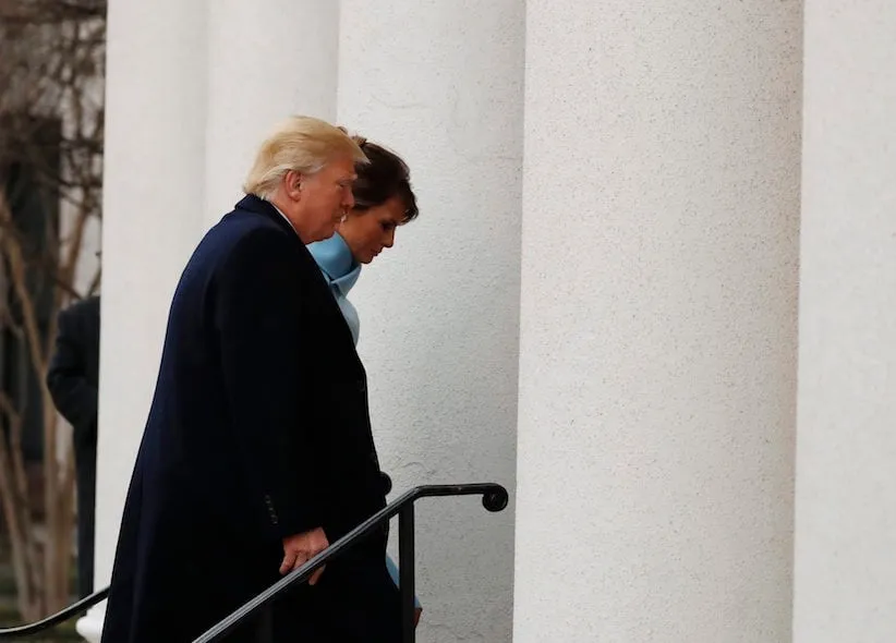 President Donald Trump and his wife Melania arrive for church service at St. John's Episcopal Church across from the White House in Washington, Friday, Jan. 20, 2017, on Donald Trump's inauguration day. (AP Photo/Alex Brandon)