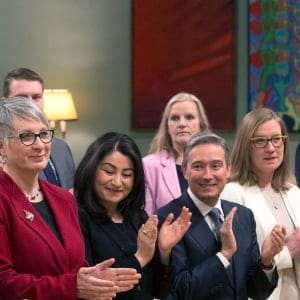 Minister of Foreign Affairs Chrystia Freeland, Minister of Labour Patty Hajdu, Minister of Status of Women Maryam Monsef, Minister of International Trade Francois-Philippe Champagne, Minister of Democratic Institutions Karina Gould and Minister of Immigration, Refugees and Citizenship Ahmed Hussen applaud before being sworn-in during a cabinet shuffle at Rideau Hall in Ottawa, Tuesday, January 10, 2017. (Adrian Wyld/CP)
