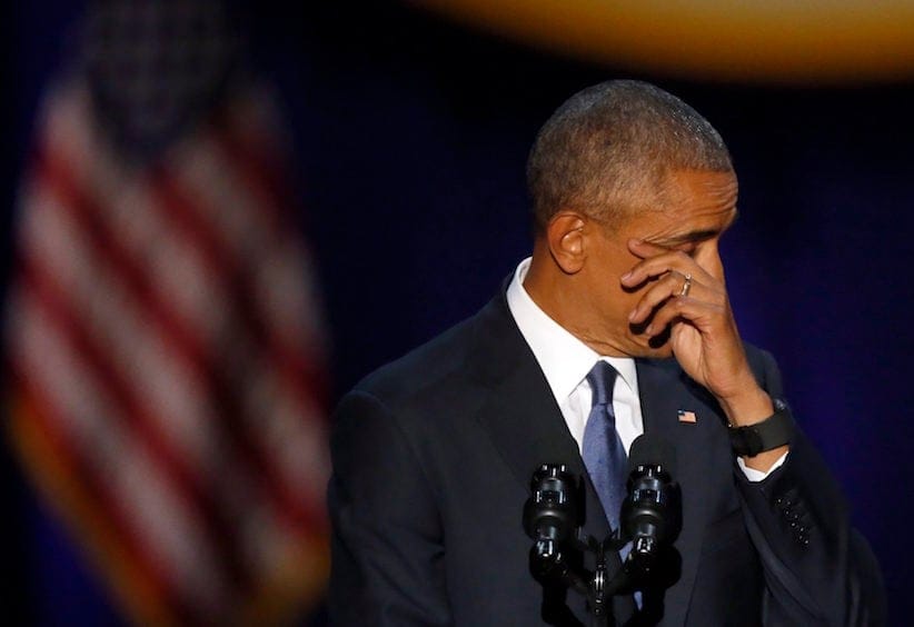 President Barack Obama wipes his tears as he speaks at McCormick Place in Chicago, Tuesday, Jan. 10, 2017, giving his presidential farewell address. (AP Photo/Charles Rex Arbogast)
