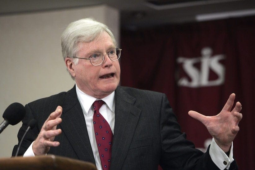 Former Canadian Ambassador Michael Kergin gestures during an address before the Center for Strategic and International Studies (CSIS), Monday, Feb. 28, 2005, in Washington. (AP Photo/Manuel Balce Ceneta)