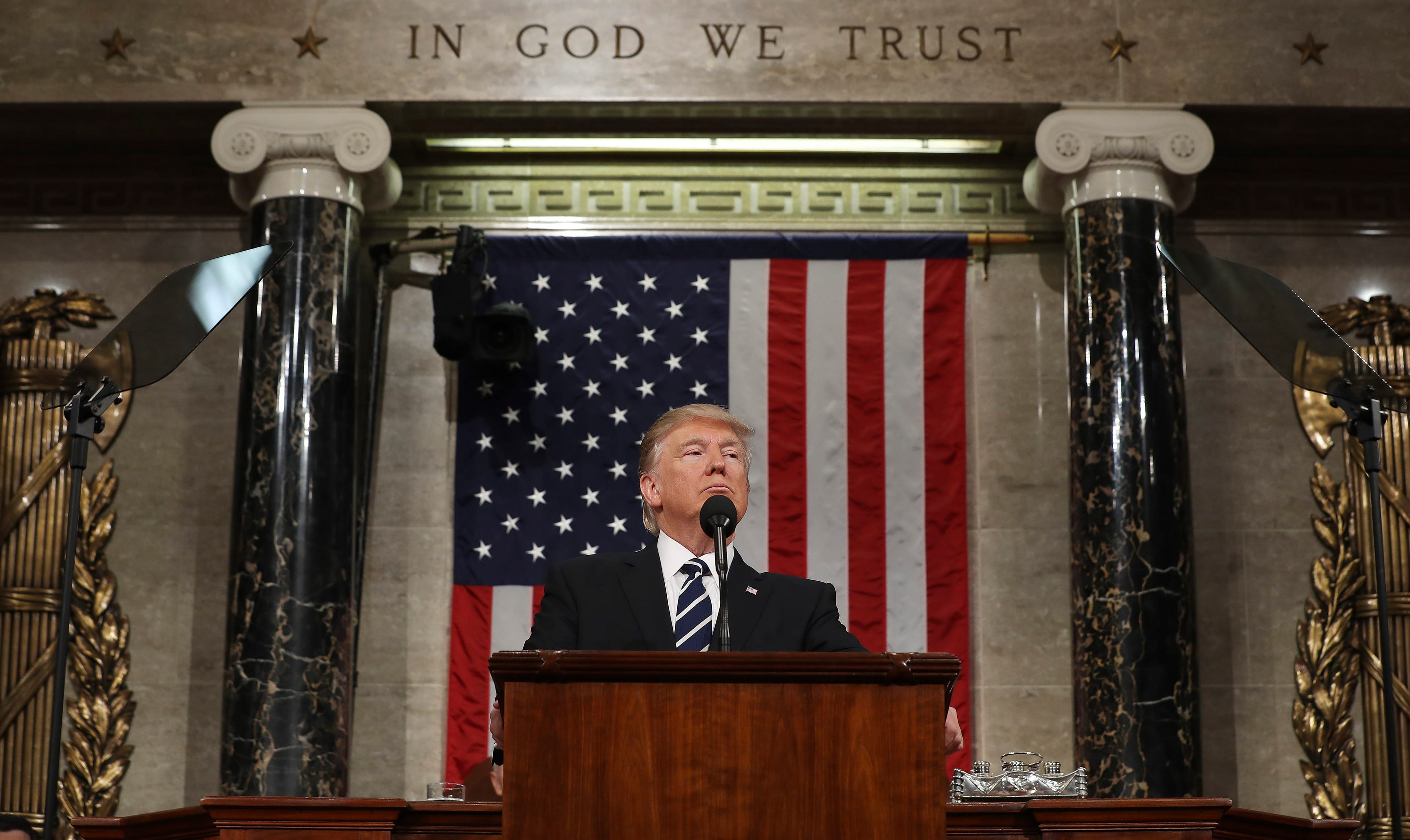 President Donald Trump addresses a joint session of Congress on Capitol Hill in Washington, Tuesday, Feb. 28, 2017. (Jim Lo Scalzo/Pool Image via AP)