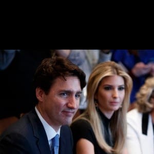 From left, Canadian Prime Minister Justin Trudeau, Ivanka Trump, daughter of President Donald Trump, and TransAlta CEO Dawn Farrell listen during a meeting with women business leaders in the Cabinet Room of the White House in Washington, Monday, Feb. 13, 2017. (Evan Vucci/AP/CP)