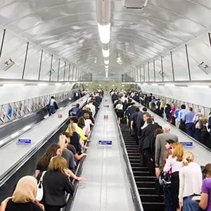 Rush hour commuters on London Underground escalators, UK. (Alex Segre/Getty Images)