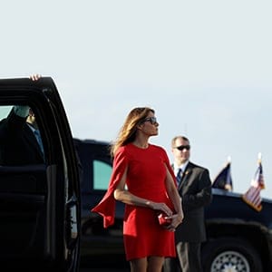 First Lady Melania Trump arrives to welcome U.S. President Donald Trump (not pictured) at West Palm Beach International airport in West Palm Beach, Florida, U.S., February 3, 2017. (Carlos Barri/Reuters)
