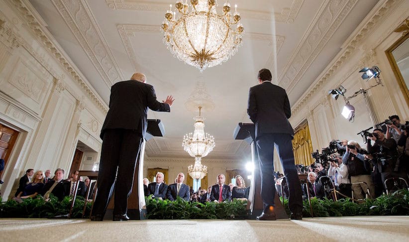 President Donald Trump and Canadian Prime Minister Justin Trudeau during a joint news conference in the East Room of the White House in Washington, Monday, Feb. 13, 2017. (AP Photo/Pablo Martinez Monsivais)