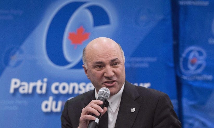 Conservative leadership candidate Kevin O'Leary addresses a Conservative Party leadership debate Monday, February 13, 2017 in Montreal. O'Leary says he won't take part in Tuesday's official party debate in Edmonton, citing the format. THE CANADIAN PRESS/Paul Chiasson