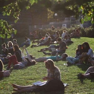 Students on campus at McGill University. (Photograph by Roger LeMoyne)