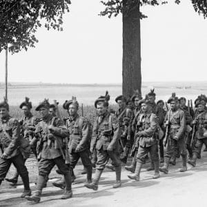 The Nova Scotia Highlanders, marching through Belgium in World War One 1914. (Universal History Archive/Getty Images)