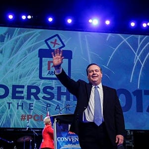 Jason Kenney celebrates his leadership win at the Alberta PC Party leadership convention in Calgary, Alta., Saturday, March 18, 2017. (Jeff McIntosh/CP)