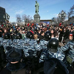 MOSCOW, RUSSIA - MARCH 26, 2017: Riot police block participants in Russian opposition activist Alexei Navalny's anti-corruption rally in Pushkin Square. The event has not been authorized by the Moscow Government. Dmitry Serebryakov/TASS (Dmitry Serebryakov/TASS/Getty Images)