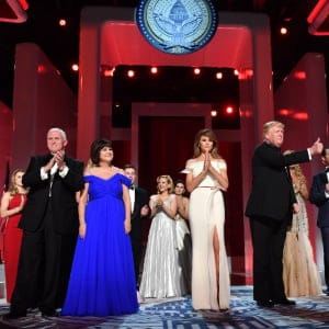 President Donald Trump and First Lady Melania Trump appear with family members and Vice President Mike Pence and his wife Karen Pence at the Liberty Ball at the Washington Convention Center on January 20, 2017 in Washington, D.C. Trump will attend a series of balls to cap hisInauguration day. (Kevin Dietsch/Getty Images)