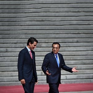 Chinese Premier Li Keqiang (R) talks with Canadian Prime Minister Justin Trudeau (L) as they prepare to inspect Chinese honour guards during a welcome ceremony at the Great Hall of the People in Beijing on August 31, 2016.
Justin Trudeau is on a one week vist to China from August 30 to September 6 and will also attend the G20 Summit in Hangzhou. (WANG ZHAO/AFP/Getty)