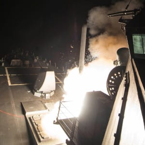 U.S. Navy guided-missile destroyer USS Ross (DDG 71) fires a tomahawk land attack missile in Mediterranean Sea on April 7, 2017. (Robert S. Price/Courtesy U.S. Navy/Reuters)
