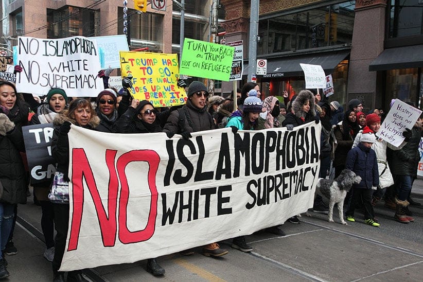 Thousands of Canadians took part in a massive protest against President Trump's travel ban on Muslims during the National Day of Action against Islamophobia and White Supremacy in downtown Toronto, Ontario, Canada, on February 04, 2017. Canadians joined countries around the world in protesting against American President Donald Trump's executive order, banning citizens of seven majority Muslim countries (Iran, Iraq, Sudan, Somalia, Syria, Yemen and Libya) from entering the United States for the next three months and banning Syrian refugees from indefinitely entering America. (Creative Touch Imaging Ltd./NurPhoto/Getty Images)
