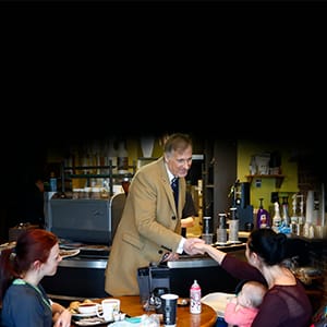 QUEBEC, QUE.: MARCH 9, 2017 -- Conservative candidate for the leadership Maxime Bernier shakes the hand of Marie-Jos»e Mathieu at a coffee shop in St.George on Thursday March 9, 2017. ORG XMIT: 58215 (Mathieu Belanger/Montreal Gazette)