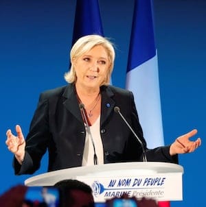 Marine Le Pen, French National Front (FN) political party leader and candidate for French 2017 presidential election, delivers a speech after early results in the first round of 2017 French presidential election, in Henin-Beaumont, France, April 23, 2017. REUTERS/Charles Platiau - RTS13KZ9