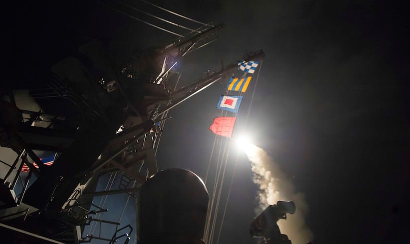 U.S. Navy guided-missile destroyer USS Ross (DDG 71) fires a tomahawk land attack missile in Mediterranean Sea on April 7, 2017. Robert S. Price/Courtesy U.S. Navy/Handout via REUTERS ATTENTION EDITORS - THIS IMAGE WAS PROVIDED BY A THIRD PARTY. EDITORIAL USE ONLY. - RTX34H98