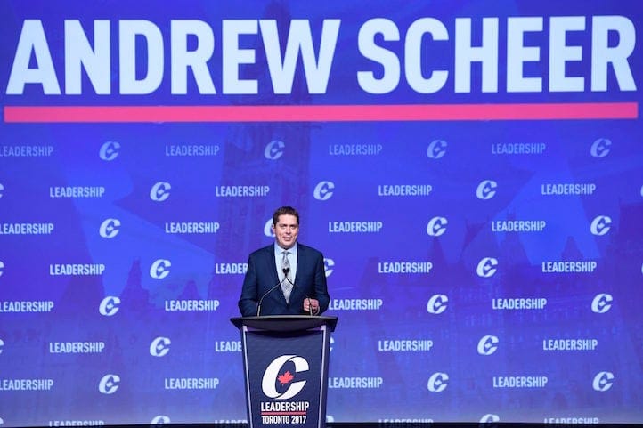 Conservative leadership candidate Andrew Scheer speaks to the crowd during the opening night of the federal Conservative leadership convention in Toronto on Friday, May 26, 2017. A final winner will be picked to lead the Conservative Party of Canada on Saturday night. THE CANADIAN PRESS/Nathan Denette