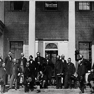 CHARLOTTETOWN, P.E.I.-September 11,1864- Constitutional Convention at Charlottetown, P.E.I., of Delegates from the Legislature of Canada, New Brunswick, Nova Scotia, and Prince Edward Island to take into consideration the Union of the British North American Colonies
1. Col. Hon. John Hamilton Gray, M.P.P. P.E.I. (Chairman of Convention) 2. Hon. John A. McDonald, M.P.P. Attorney General, Canada West 3. Hon. George E. Curtier, M.P.P. Min. of Agriculture 4. Hon. Thomas D'Arcy McGee, M.P.P., Min. of Agriculture 5. Hon. Wm. A. Henry, M.P.P., Attorney General, N.S. 6. Hon. Wm. II, Steeves, M.E.C., N.B. 7. Hon. John M. Johnson, M.P.P. Attorney General, N.B. 8. Hon. Samuel Leonard Tilley, M.P.P., Prov. Secretary, N.B. 9. Hon. R. Dickey, M.L.C. N.S. 10. Lt. Col. Hon. J.H. Gray, M.P.P., N.B. 11. Hon. E. Palmer, M.L.C. Attorney General, P.E.I. 12. Hon. E. Botsford Chandler, M.L.C., N.B. 13. Hon. H.L. Langevin, M.P.P., Solicitor General, Canada East. 14. Hon. Charles Tupper, M.P.P., Provincial Secretary, N.S. 15. Hon. A.J. Galt, M.P.P., Finance Minister. 16. Hon. Adams G. Archibald, M.P.P., N.S. 17. Hon. A.A. McDonald, M.L.C., P.E.I. 18. Hon. Abt. Campbell, M.L.C. Commissioner of Crown Land. 19. Hon. Wm. McDougall, M.P.P., Provincial Secretary. (G.P. Roberts/National Archives of Canada/CP)