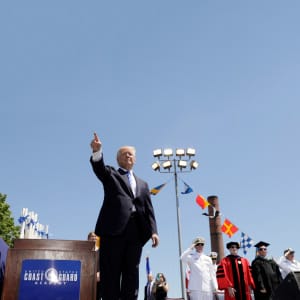 U.S. President Donald Trump points to the audience at the conclusion of the United States Coast Guard Academy Commencement Ceremony in New London, Connecticut U.S., May 17, 2017. (Kevin Lamarque/Reuters)