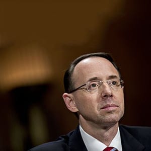 Rod Rosenstein, deputy attorney general nominee for U.S. President Donald Trump, listens during a Senate Judiciary Committee confirmation hearing in Washington, D.C., U.S., on Tuesday, March 7, 2017. The confirmation hearing for Rosenstein began with Republicans and Democrats squaring off over who should lead probes into Russian interference in the 2016 presidential election and potential contacts between Moscow and Trumps campaign team. (Andrew Harrer/Bloomberg/Getty Images)