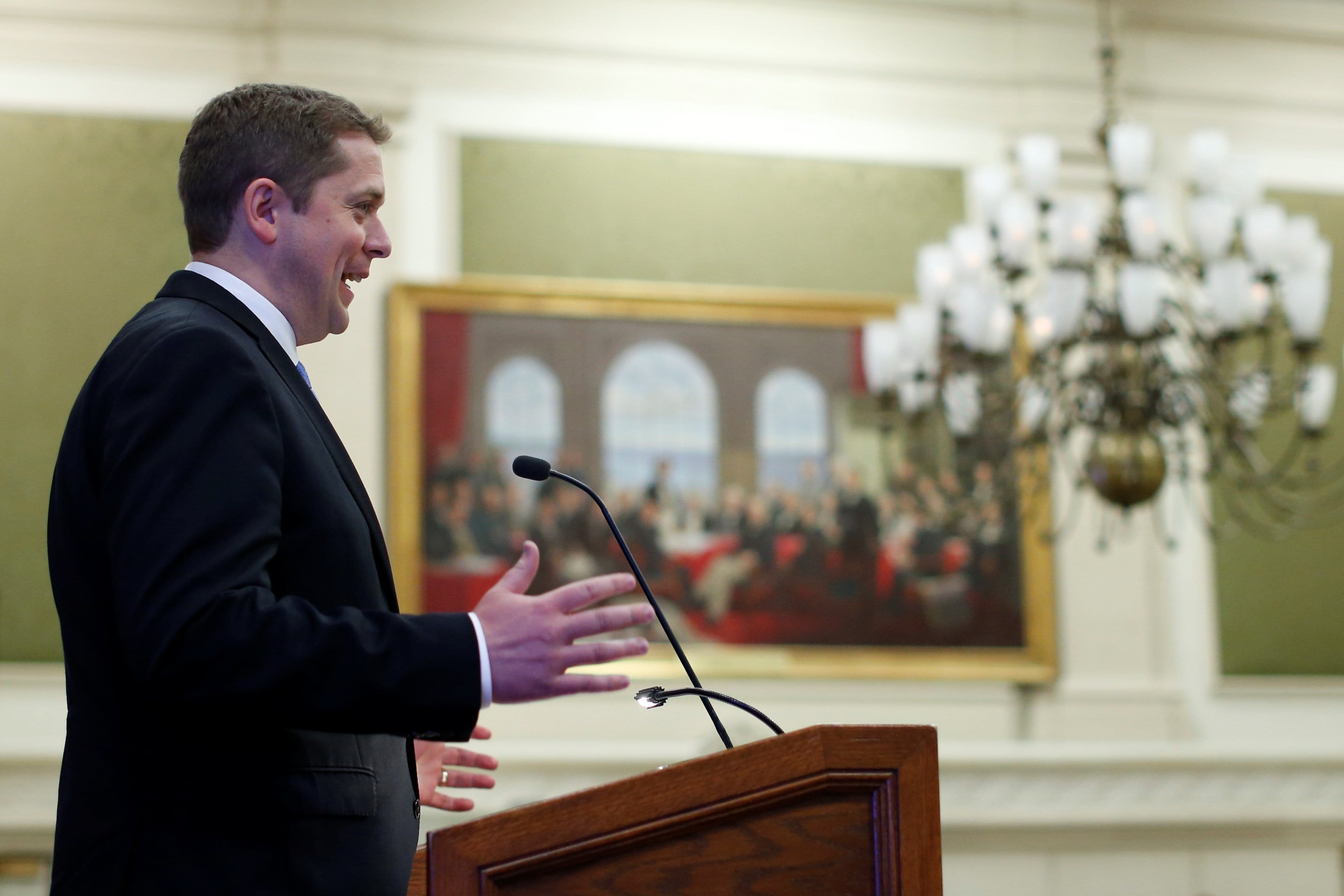 Newly elected Conservative leader Andrew Scheer speaks during a caucus meeting on Parliament Hill in Ottawa, Ontario, Canada, May 29, 2017. REUTERS/Chris Wattie - RTX383YN