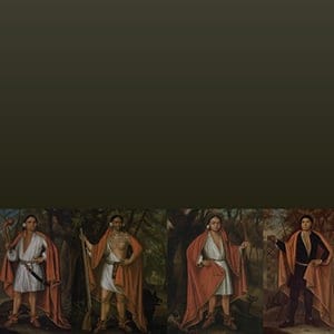 L-R: Ho Nee Yeath Taw No Row (baptized John), King of Generethgarich, 1710; Tee Yee Neen Ho Ga Row (baptized Hendrick), Emperor of the Six Nations, 1710; Etow Oh Koam (baptized Nicholas), King of the River Nation, 1710; Sa Ga Yeath Qua Pieth Tow (baptized Brant), King of the Maquas, 1710
With the assistance of a special grant from the Government of Canada.
(John Verelst/Library and Archives Canada)