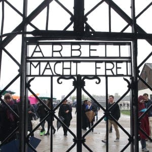 A general view of entrance gate of the Dachau concentration camp during a ceremony to commemorate the 70th anniversary of the liberation at the memorial site on the grounds of the former concentration camp on May 3, 2015 in Dachau, Germany. Dachau was the first Nazi concentration camp and began operation in 1933 to hold political prisoners, though it later expanded to include Jews, common criminals and foreign nationals. It served mainly as a source of slave labour during World War II and included approximately 100 sub-camps spread across southern Germany and Austria. At least 30,000 inmates died before its liberation by U.S. troops in 1945. (Alexandra Beier/Getty Images)