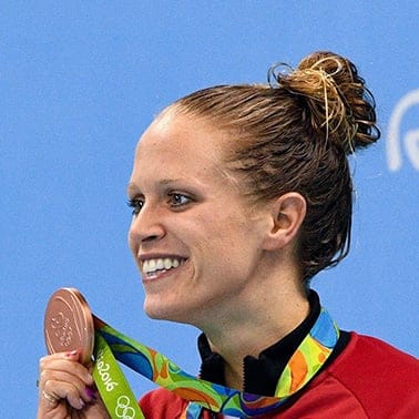 Canada's Hilary Caldwell celebrates bronze in the women's 200m backstroke finals during the 2016 Olympic Summer Games in Rio de Janeiro, Brazil on Friday, August 12, 2016. (Sean Kilpatrick/CP)
