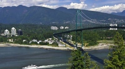 Lions Gate Bridge Crosses Burrard Inlet To West Vancouver From Stanley Park