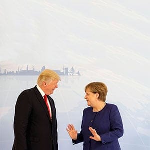 German Chancellor Angela Merkel meets U.S. President Donald Trump on the eve of the G-20 summit in Hamburg, Germany, July 6, 2017. (Matthias Schrader/Reuters)